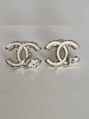 Authentic CHANEL 22A Enamel CC Camellia Stud Earrings Gold & White